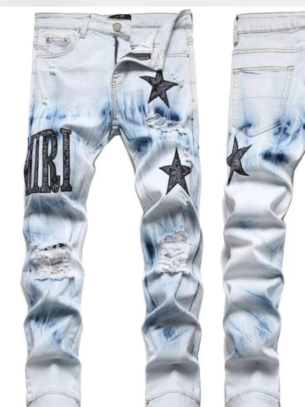 AMIRI Light Blue Skinny Jeans with Black Star Accents